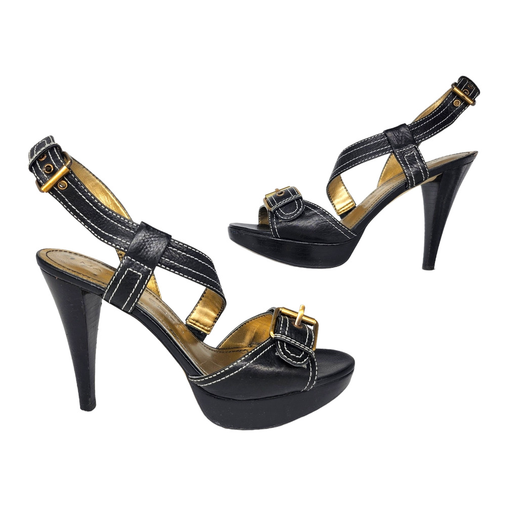 Marc Fisher Heels 6 Black Gold Leather Strappy Buckle Stiletto Platform Shoes